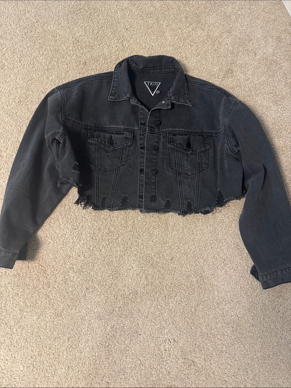 Crop Black Distressed Denim Jacket - Women